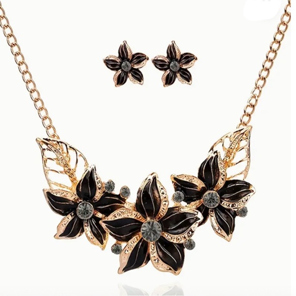 Necklace and Earrings - Coordinating Set - Dark Style-Golden Accents-Crystals - Picture 2 of 5